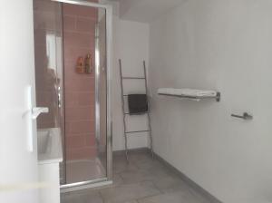 a bathroom with a shower and a glass shower backdoor at Les quatre chênes in Bauduen