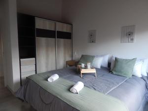 1 dormitorio con 1 cama grande y 2 almohadas en La Calma en Villa General Belgrano