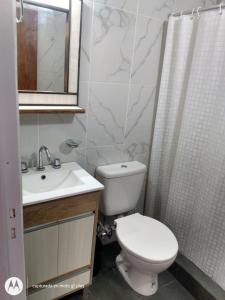 a bathroom with a toilet and a sink and a mirror at Departamento "Juana"para 4 personas 2 cuartos con garage en Santa Teresita in Santa Teresita