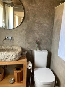 La salle de bains est pourvue de toilettes blanches et d'un miroir. dans l'établissement Amélia's House (Casa das Amélias), à Grândola