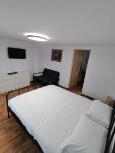 1 dormitorio con 1 cama blanca grande y 1 silla en Casa M.A.R.A en Corbeni