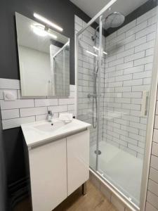 a white bathroom with a sink and a shower at Le Belvédère in Orléans +16 photos