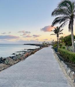 uma estrada de paralelepípedos junto ao oceano com palmeiras em Casa Relax em Playa Blanca