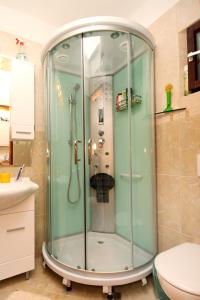 uma cabina de duche em vidro numa casa de banho com WC em Apartment Artatore 2509a em Čunski
