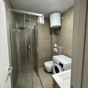 a bathroom with a shower and a toilet and a sink at Akapulco Apartments in Bar
