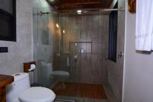 a bathroom with a shower with a toilet and a sink at Casa Zafiro in Monteverde Costa Rica +36 photos