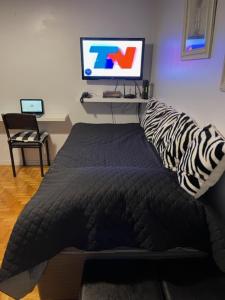 1 dormitorio con cama y monitor de ordenador en Ruffus's Apple Baires en Buenos Aires