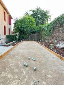 un jardin avec des œufs bleus assis au sol dans l'établissement Maison Amarelle : Cocon Kelleris, à Migennes