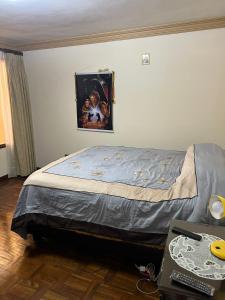 um quarto com uma cama com uma fotografia na parede em HABITACIONES PRIVADAS NOVILLO em Cochabamba