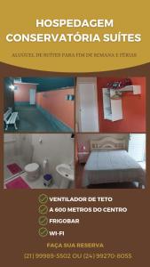 Un folleto para una habitación de hotel con cama y baño en Hospedagem Conservatoria-Suites en Conservatória
