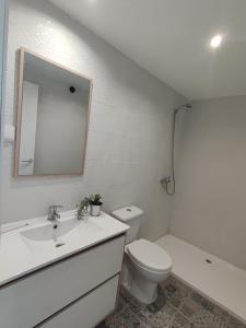 uma casa de banho com um WC, um lavatório e um espelho. em The Islands em Faro