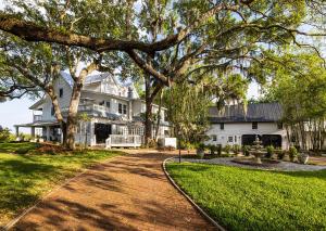 a white house with a tree and a driveway at Victoria 1883 in New Smyrna Beach