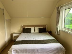 a bedroom with a large white bed with a window at Kotori Cottage in Hakuba