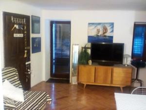 a living room with a television on a wooden table at Apartman MICHI in Sveti Juraj