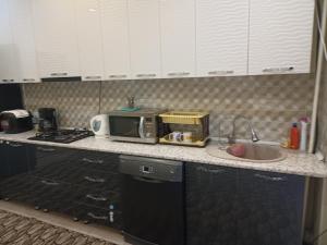 eine Küchentheke mit Mikrowelle und Spüle in der Unterkunft Orion Apartment in Bischkek