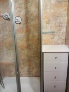 a shower with a glass door next to a dresser at Apartman MICHI in Sveti Juraj +21 photos