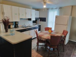 a kitchen with a table and chairs and a white refrigerator at Cozy downtown two bedrooms free parking in Kingston