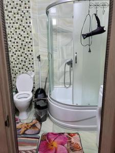 ein Bad mit Dusche, WC und Glasdusche in der Unterkunft Orion Apartment in Bischkek