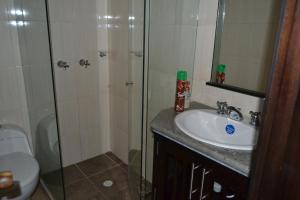 a bathroom with a shower and a sink and a toilet at Casa de la Ciencia in Salento