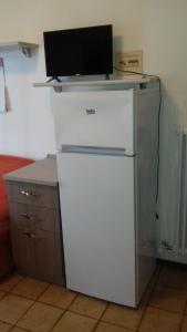 a white refrigerator with a television on top of it at Monolocale Monticano in Motta di Livenza