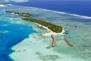 una isla con un banco en el agua en Medhufushi Island Resort en Muli