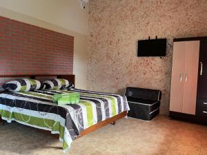 a bedroom with a bed and a tv on a wall at Quinta Los Pinos Cotoca in Cotoca