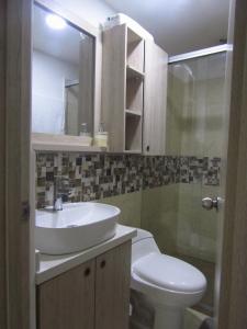 La salle de bains est pourvue d'un lavabo et de toilettes. dans l'établissement hermoso apartamento amoblado, à La Tebaida