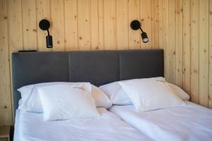 1 cama con 2 almohadas blancas y 2 luces en la pared en ChillZone-Hill, en Szalejów Górny