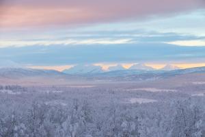 a view of a snowy field with mountains in the background at Aurora Borealis Observatory in Silsand