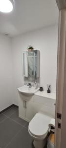 a white bathroom with a toilet and a sink at Town Centre Apartment in Leek
