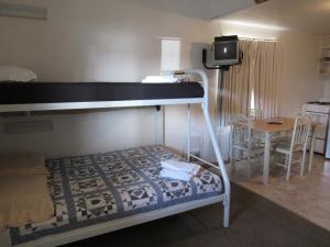 a bedroom with a bunk bed with a tv on it at All Seasons Campground in Ninilchik