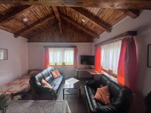 - un salon avec deux fauteuils en cuir et un lit dans l'établissement Domačija Paternoster, à Litija