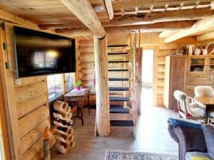 eine Blockhütte mit einer Treppe und einem TV in einem Zimmer in der Unterkunft Experience this unique wooden house! in Seltenheim