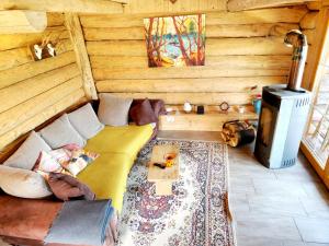 ein Zimmer mit einem Sofa und einem Kamin in einem Blockhaus in der Unterkunft Experience this unique wooden house! in Seltenheim