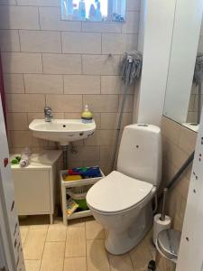 een kleine badkamer met een toilet en een wastafel bij Familievenlig lejlighed tæt på Amager Strand in Kopenhagen