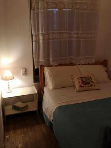 a bedroom with a bed with a curtain and a lamp at Zeta's house Argalasti in Argalasti