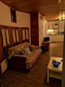 ein Wohnzimmer mit einem Sofa und einem Tisch in der Unterkunft Zeta's house Argalasti in Argalasti