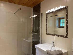 een badkamer met een wastafel en een spiegel bij Villa Hansalhof, Wohnung Rosenduft in Mariapfarr