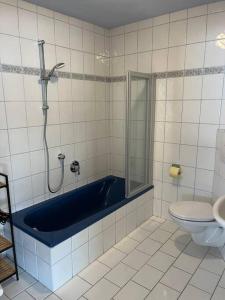 Garden View Apartment في إنسبروك: حمام مع حوض استحمام أزرق ومرحاض