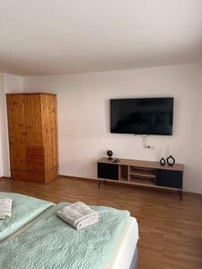 a bedroom with two beds and a flat screen tv at Garden View Apartment in Innsbruck