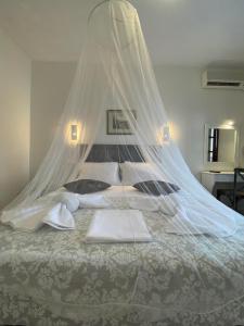 a bedroom with a bed with a mosquito net at Karaoulanis Beach in Agios Ioannis Pelio