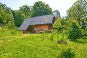una cabaña de madera en un campo de césped verde en Domek z Piernika 729-656-514, en Ropienka