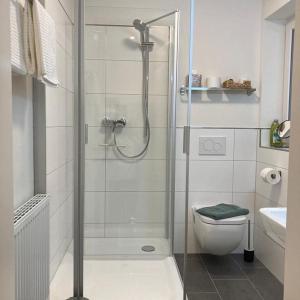 a white bathroom with a shower and a toilet at Apartment Hallenbach in Zell an der Mosel