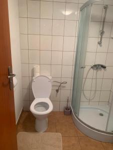 łazienka z toaletą i prysznicem w obiekcie Domek Letniskowy Wojtek w Gdańsku