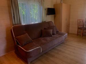 a brown couch sitting in a living room at Domek Letniskowy Wojtek in Gdańsk
