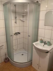 W łazience znajduje się prysznic i umywalka. w obiekcie Domek Letniskowy Wojtek w Gdańsku