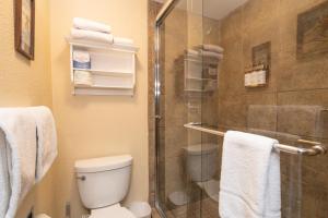 a bathroom with a toilet and a shower with towels at Manitou Lodge 9 by Alpine Lodging Telluride in Telluride