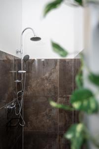 a shower in a bathroom with a brown tile wall at Green Goblin Apartment with FREE PRIVATE PARKING in Budapest