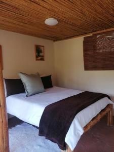 uma cama num quarto com tecto em madeira em Hindthausen em Knysna