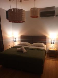 a bedroom with a bed with two lights and two lamps at Hostel Museum in Koper